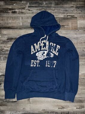 American Eagle Outfitters Navy Blue Hooded Sweatshirt with White Graphic